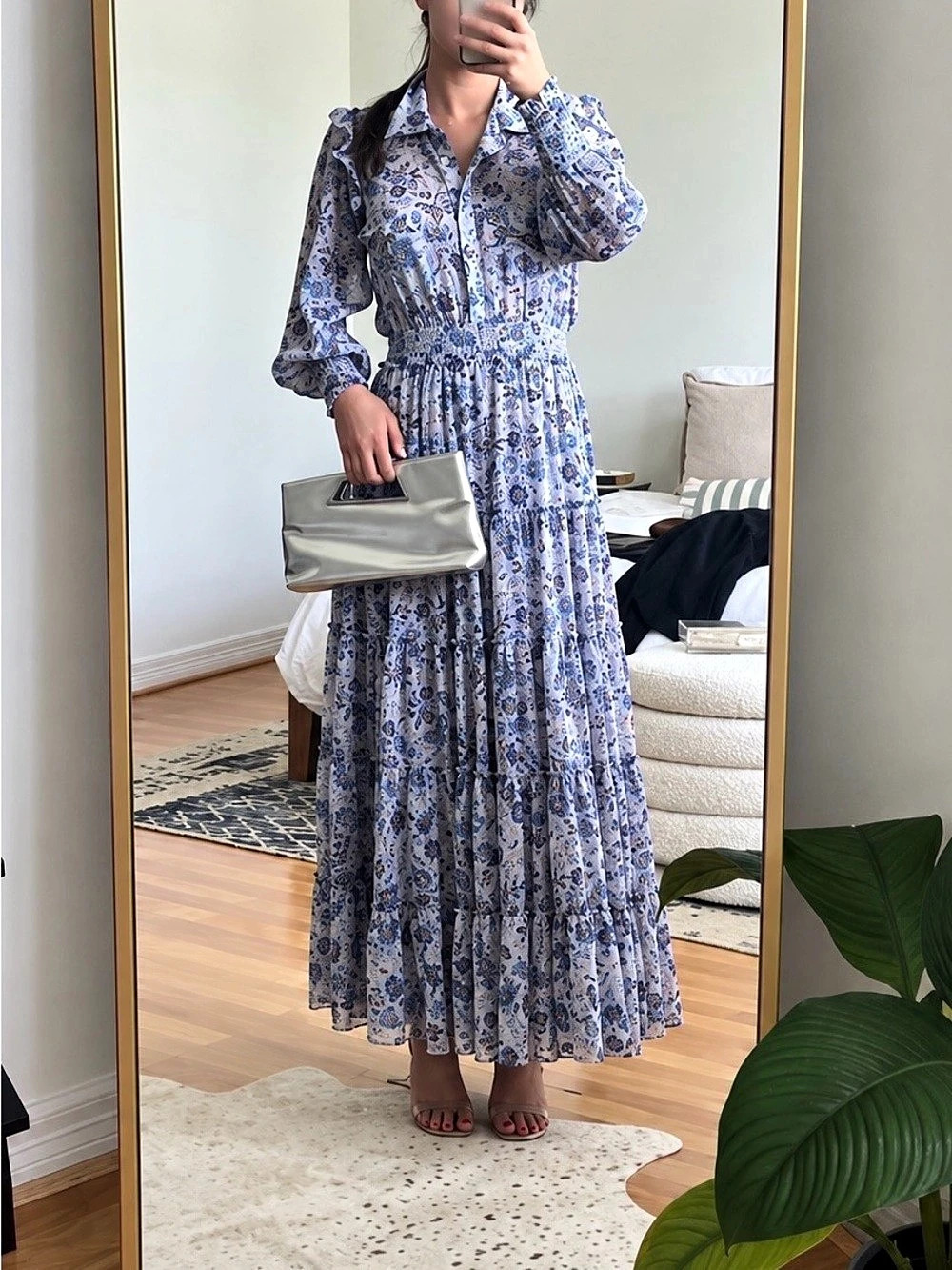 MISA Los Angeles Floral Midi Dress Blue & White